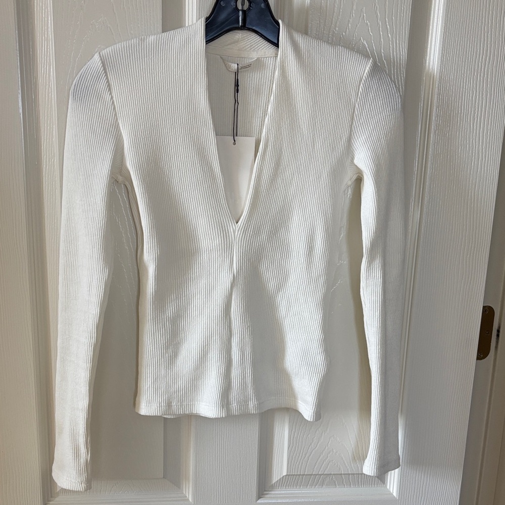 Zara Off-White Ribbed Deep V Long Sleeve Top